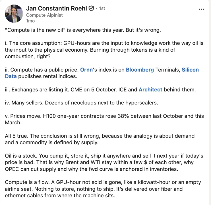 Text-only LinkedIn post by Jan Constantin Roehl arguing that compute is a flow, not a stock like oil