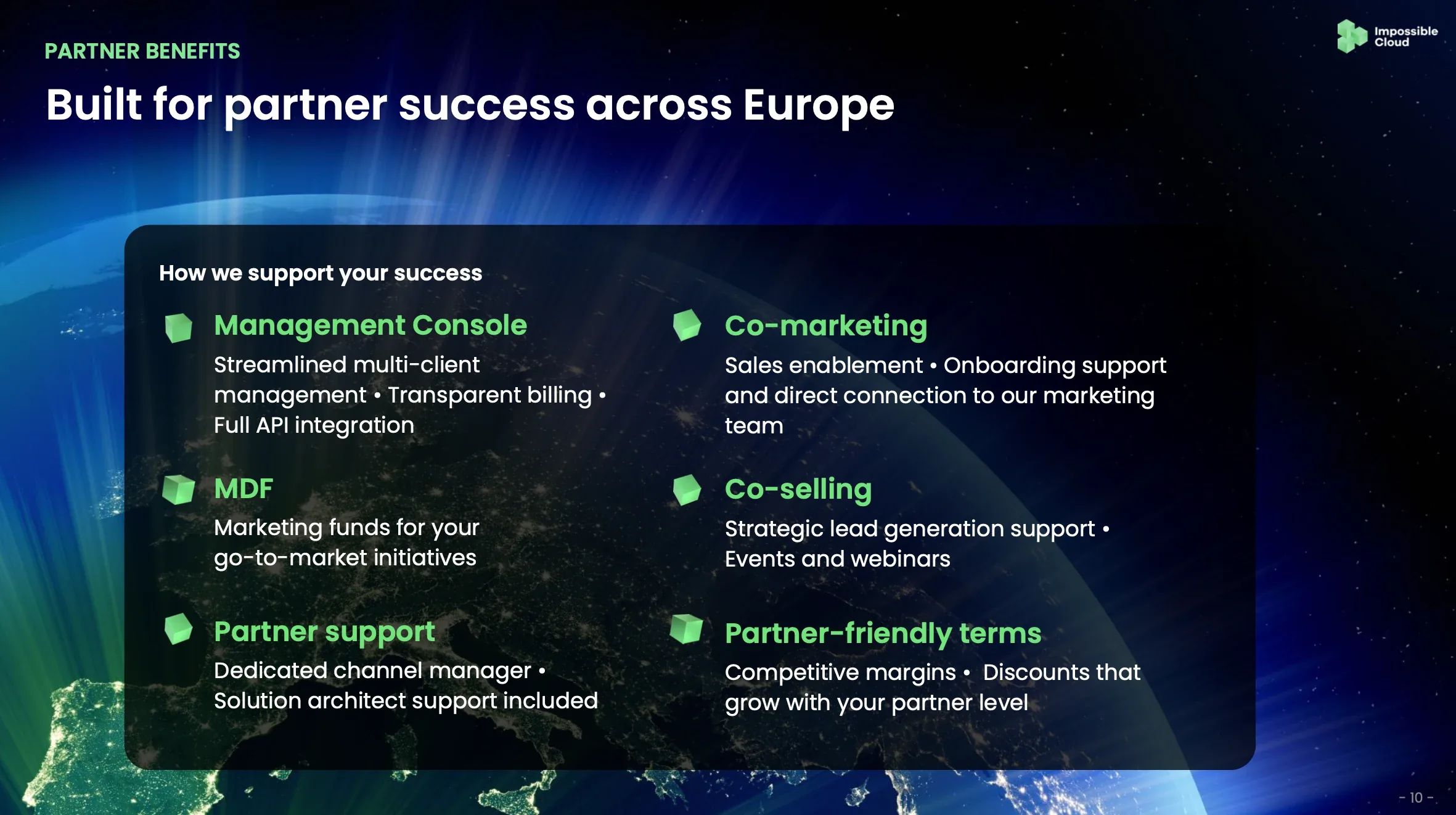 Partner deck slide: Built for partner success across Europe, listing partner benefits