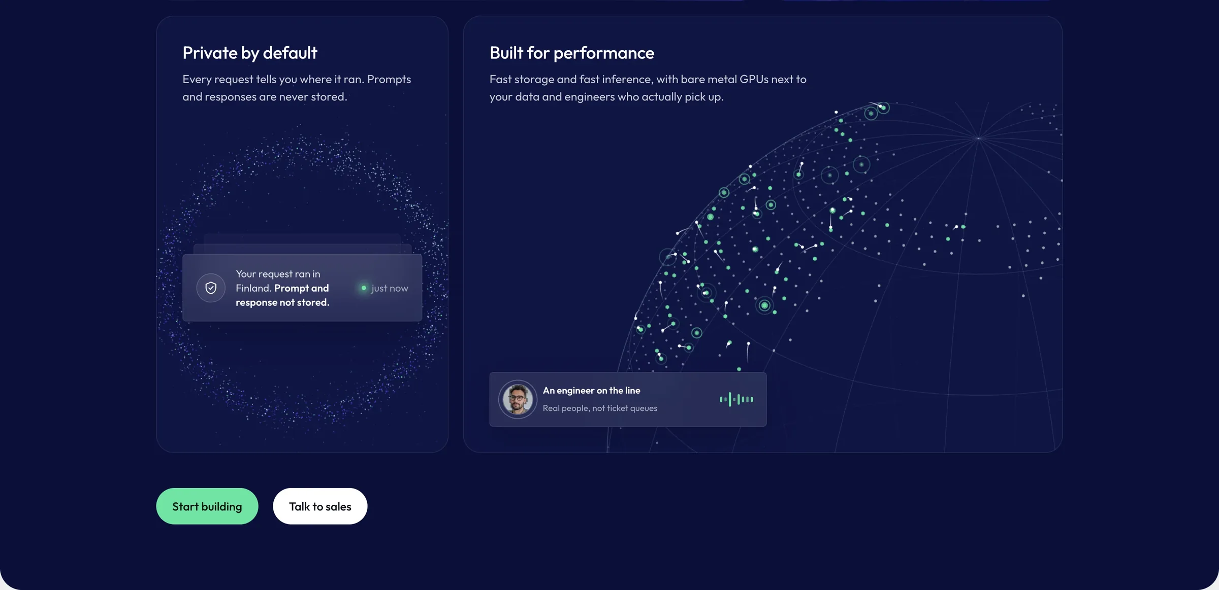 Website section: Private by default and Built for performance panels